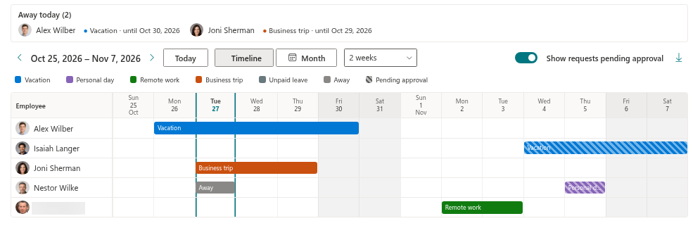 The Team Absence Calendar with Friday and Saturday shaded