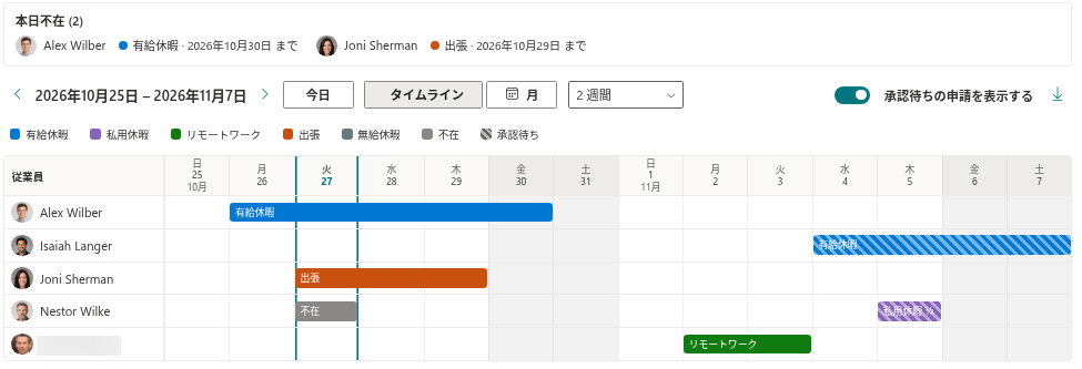 金曜日と土曜日が網掛けされた Team Absence Calendar