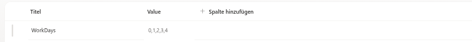 Die Zeile WorkDays in der Liste Settings