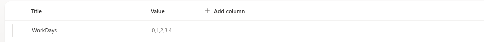 The WorkDays row in the Settings list