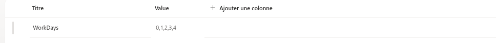 La ligne WorkDays dans la liste Settings