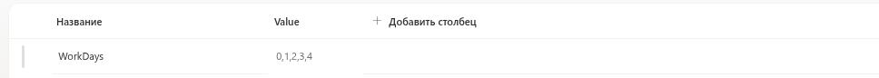 Строка WorkDays в списке Settings