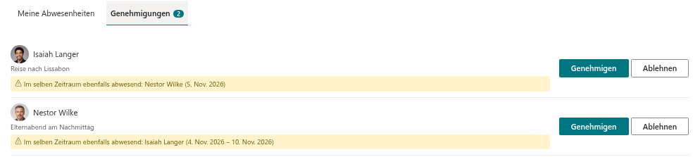 Ein Antrag, der auf der Registerkarte „Genehmigungen“ auf den Ersatzgenehmigenden wartet