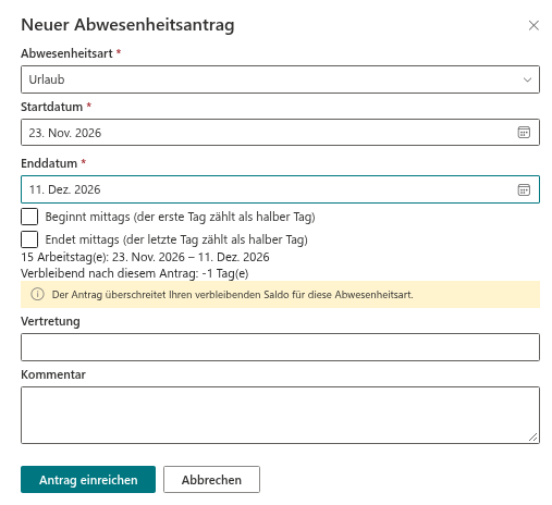 Eine gelbe Warnung statt eines Fehlers, wenn der Saldo überschritten wird