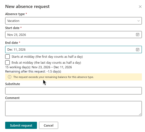 A yellow warning instead of an error when the balance is exceeded