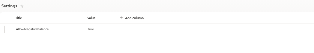 The AllowNegativeBalance row in the Settings list