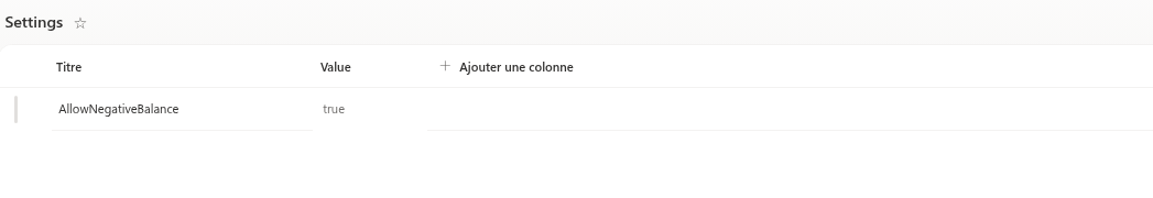 La ligne AllowNegativeBalance dans la liste Settings