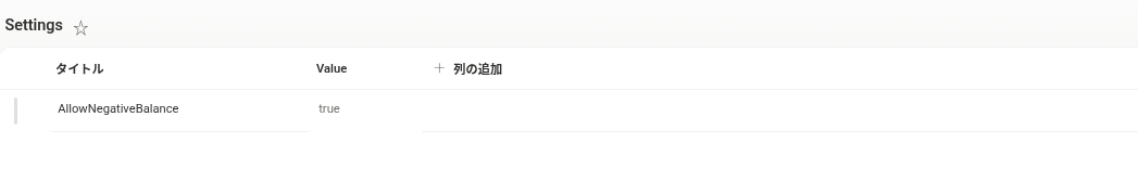 Settings リストの AllowNegativeBalance 行
