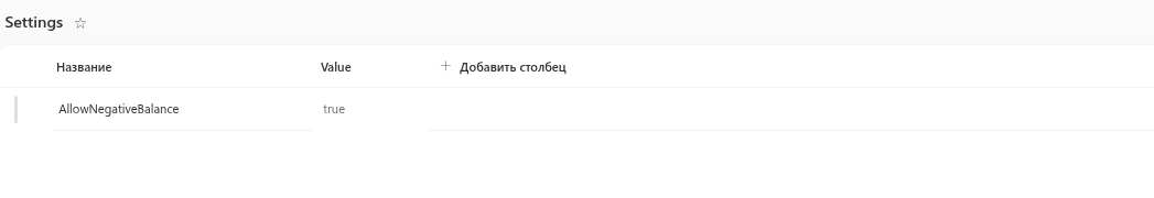 Строка AllowNegativeBalance в списке Settings