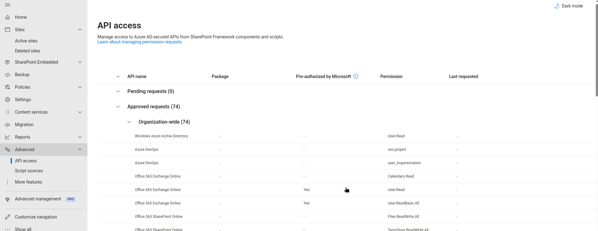 The API access page of the SharePoint admin center