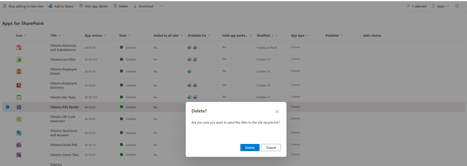 Deleting the package from the App Catalog