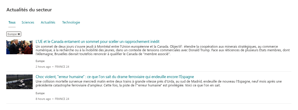 Le composant WebPart publié avec un filtre de catégorie appliqué