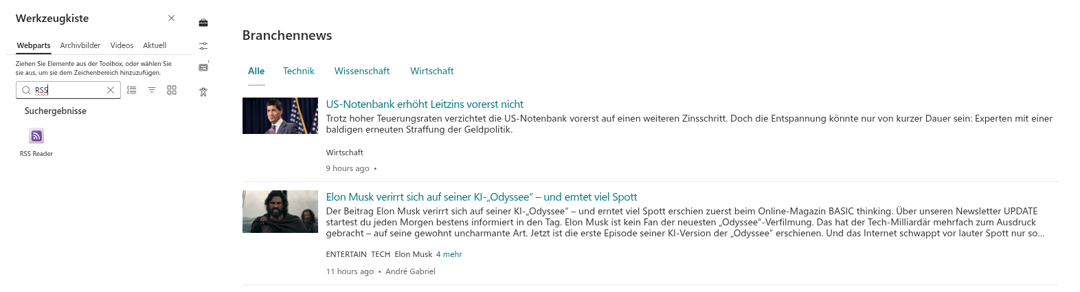 RSS Reader in der Toolbox und auf einer Seite