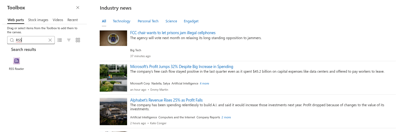 RSS Reader in the toolbox and on a page