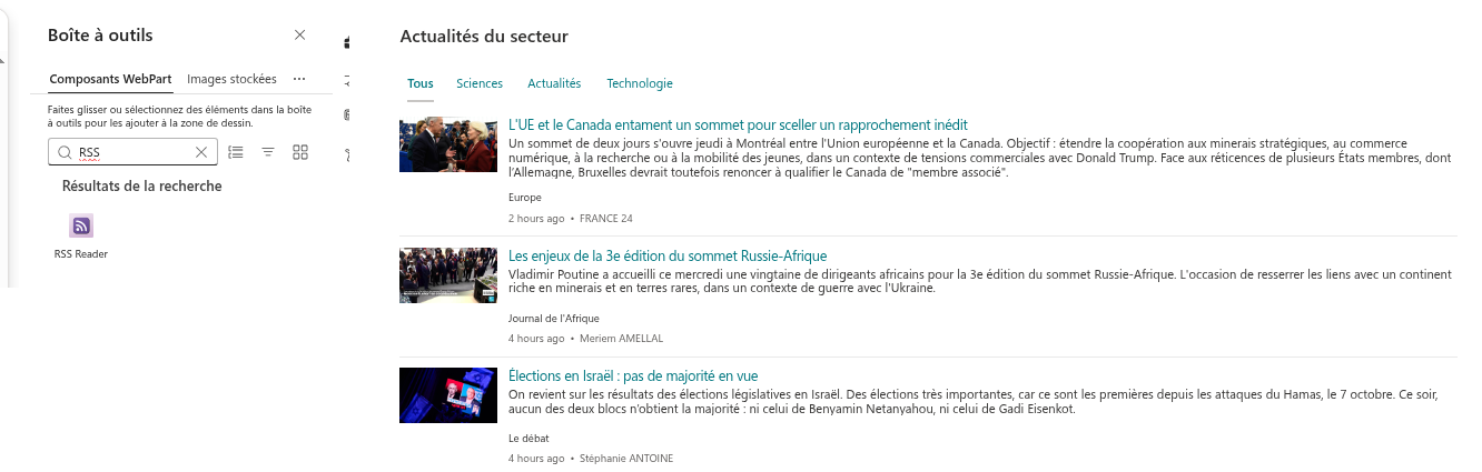 RSS Reader dans la boîte à outils et sur une page