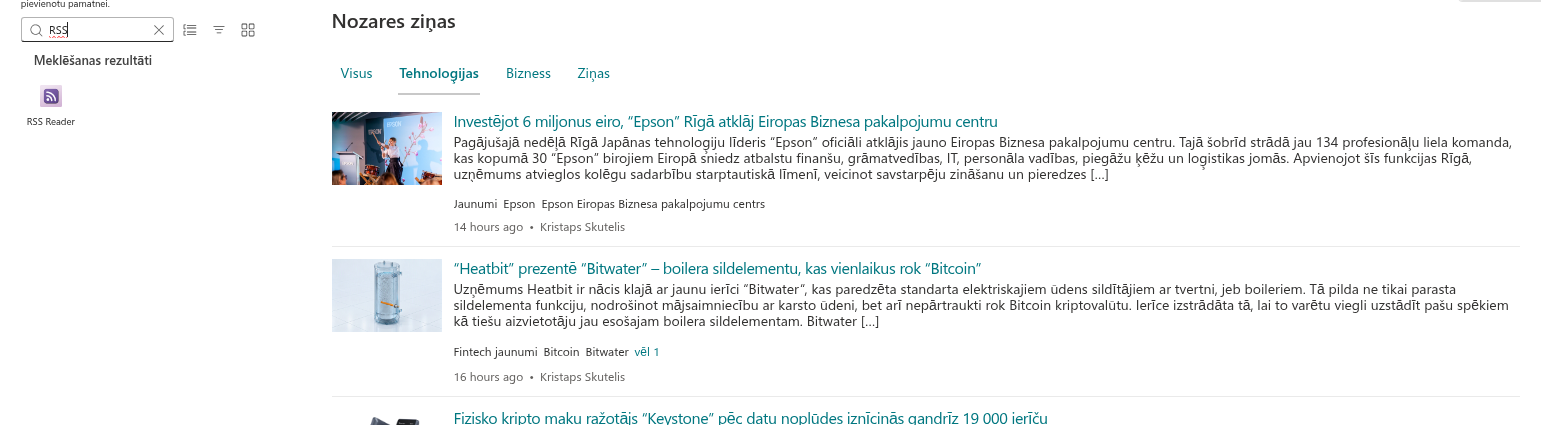 RSS Reader rīkkopā un lapā