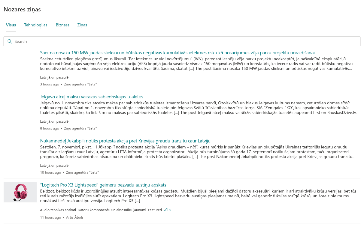 RSS Reader publicētā lapā
