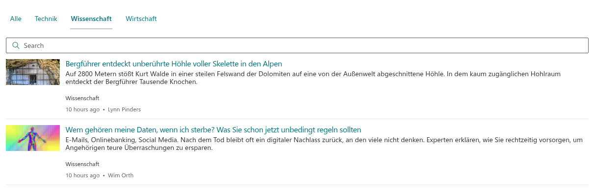 Quellenregisterkarten mit einer ausgewählten Quelle