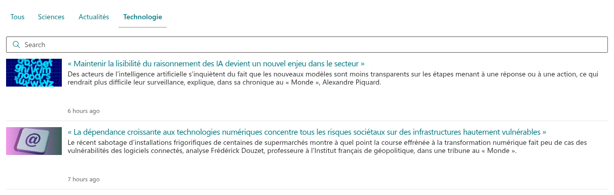 Onglets de sources avec une source sélectionnée
