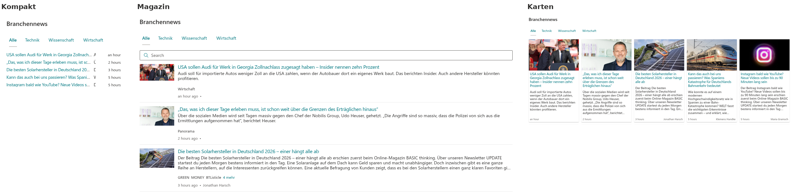 Die Layouts Kompakt, Magazin und Karten