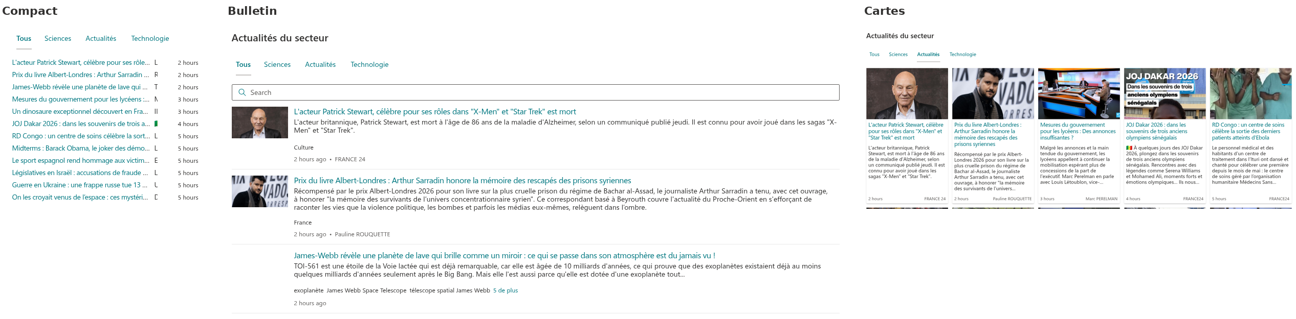 Les mises en page Compact, Bulletin et Cartes