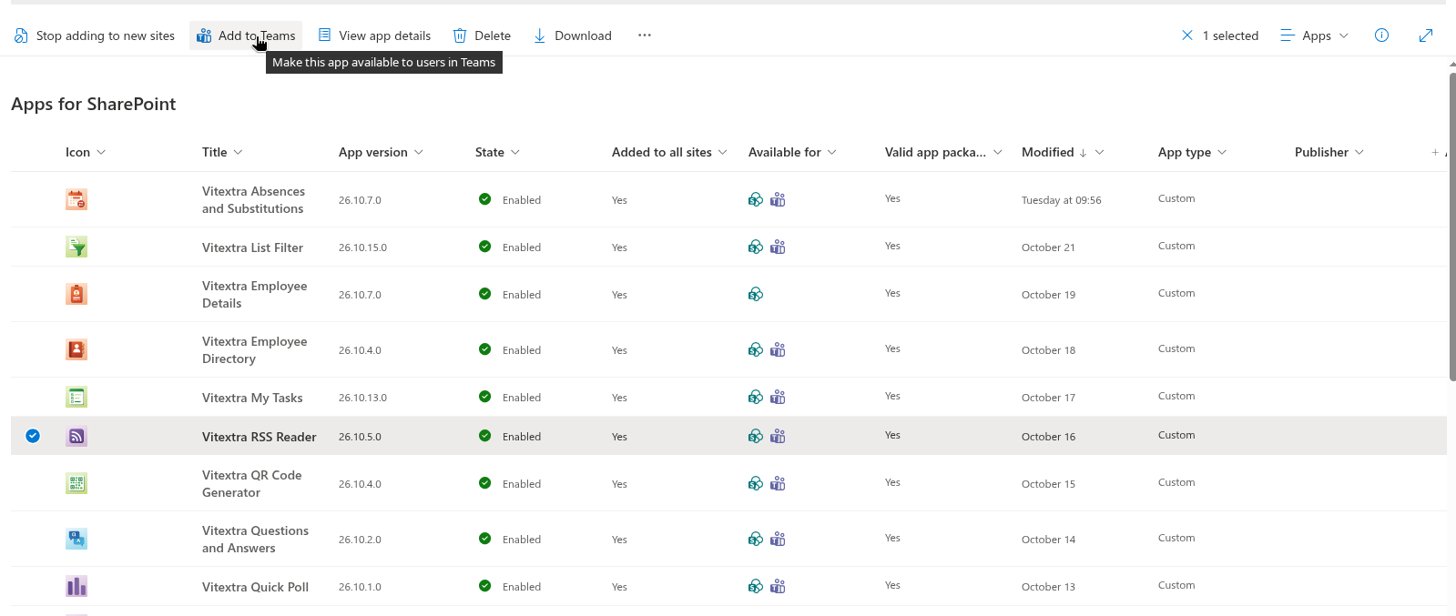 Ajout du package à Teams depuis le catalogue d'applications
