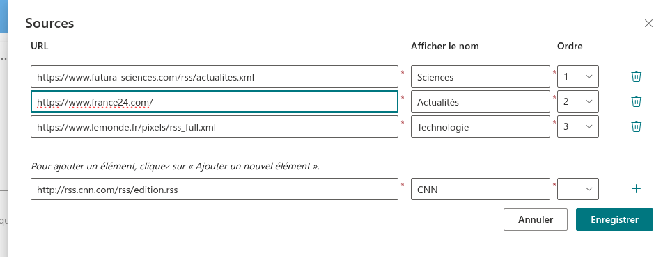 Correction de l'adresse d'une source dans le volet Sources