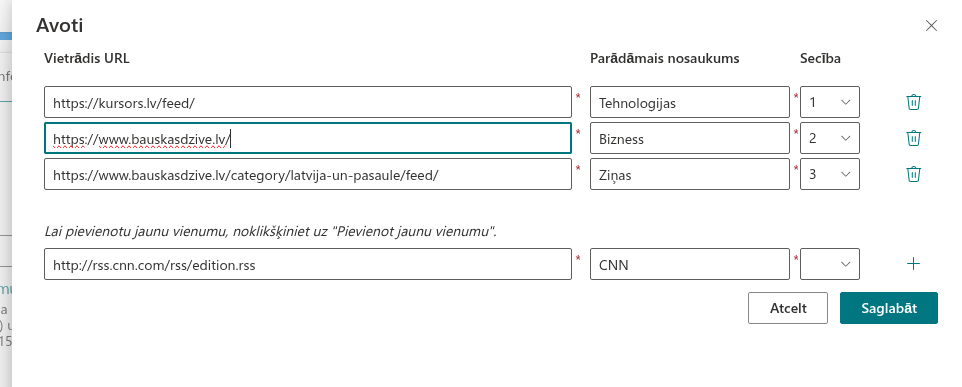 Avota adreses labošana panelī Avoti