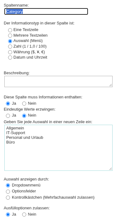 Definieren der Kategorien in der Spalte „Kategorie“