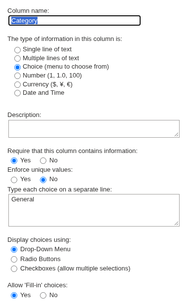 Defining the categories in the Category column