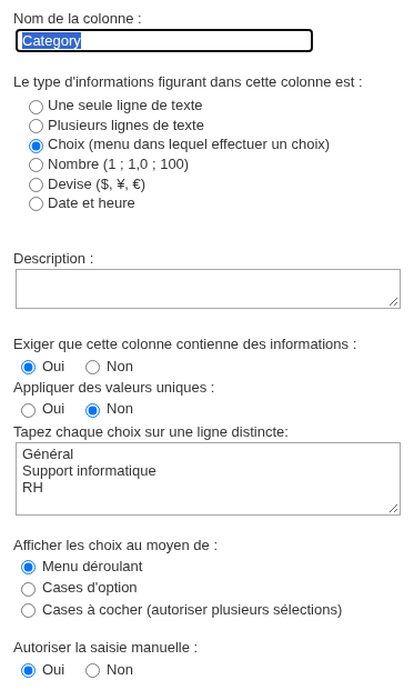 Définition des catégories dans la colonne Category