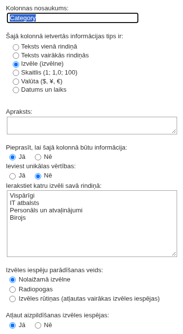 Kategoriju definēšana kolonnā Kategorija
