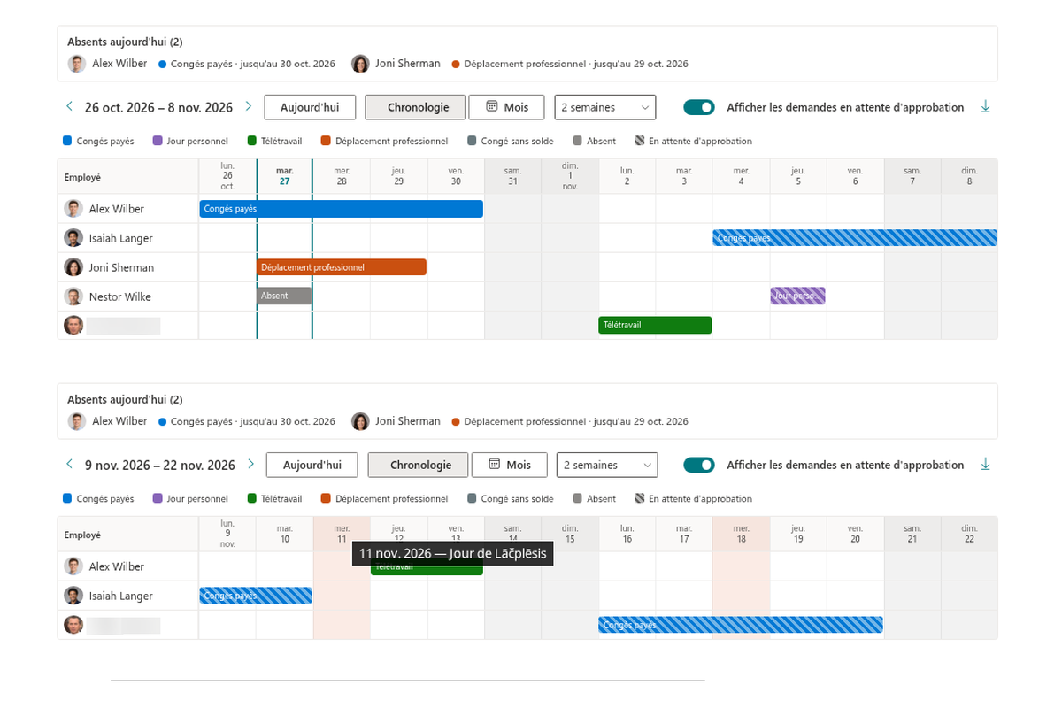 Vitextra Absence & Coverage. Calendrier des absences de l’équipe