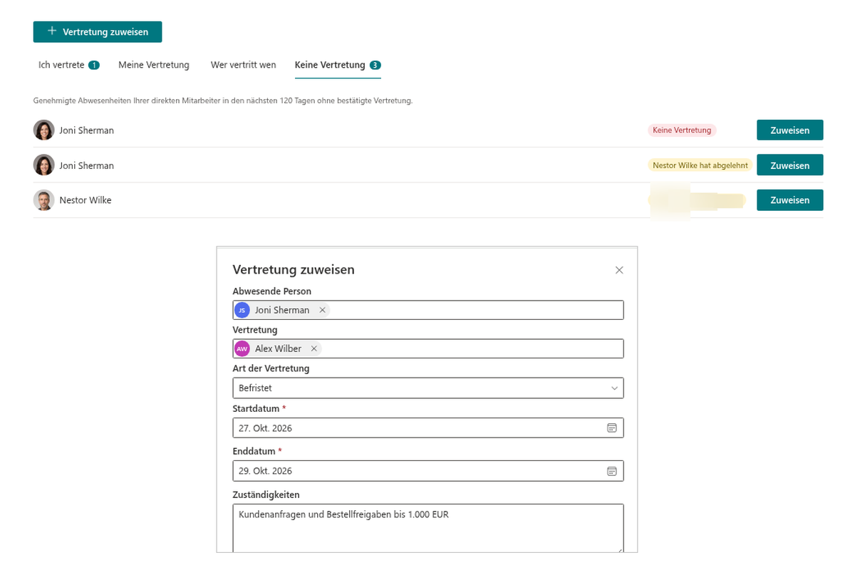 Vitextra Absence & Coverage. Vertretung zuweisen