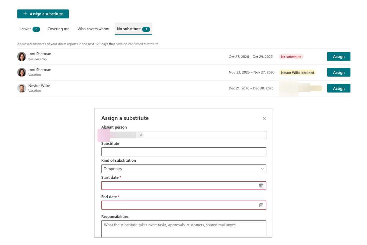 Vitextra Absence & Coverage. Assigning a Substitute