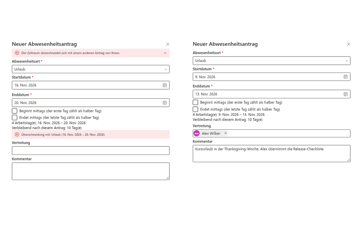 Vitextra Absence & Coverage. Neuer Abwesenheitsantrag