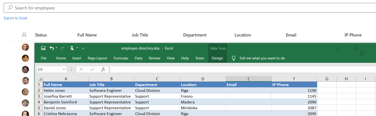 Vitextra Employee Directory. Export to Excel