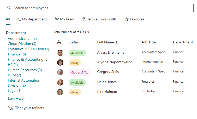 Vitextra Employee Directory. Refinement Panel