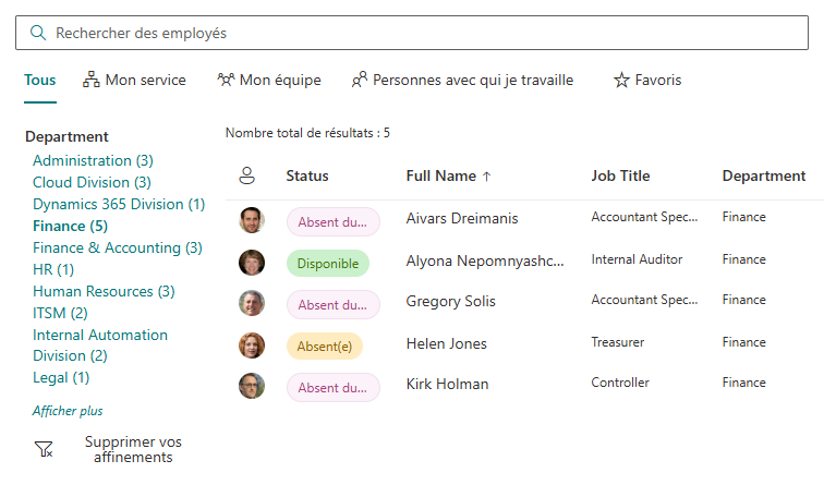 Vitextra Employee Directory. Panneau d'affinement