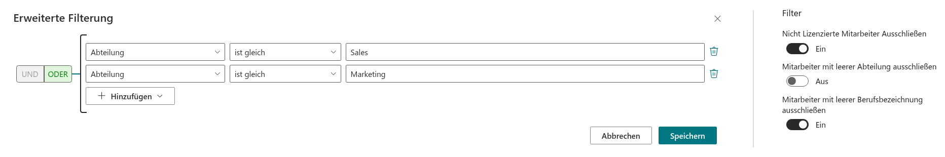 Vitextra Organizational Chart. Datenfilterung und Ausschlüsse