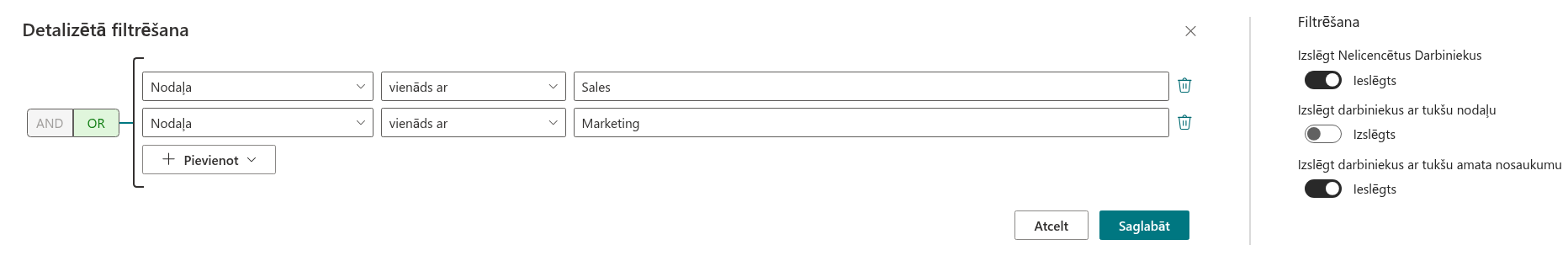 Vitextra Organizational Chart. Datu filtrēšana un izslēgšana