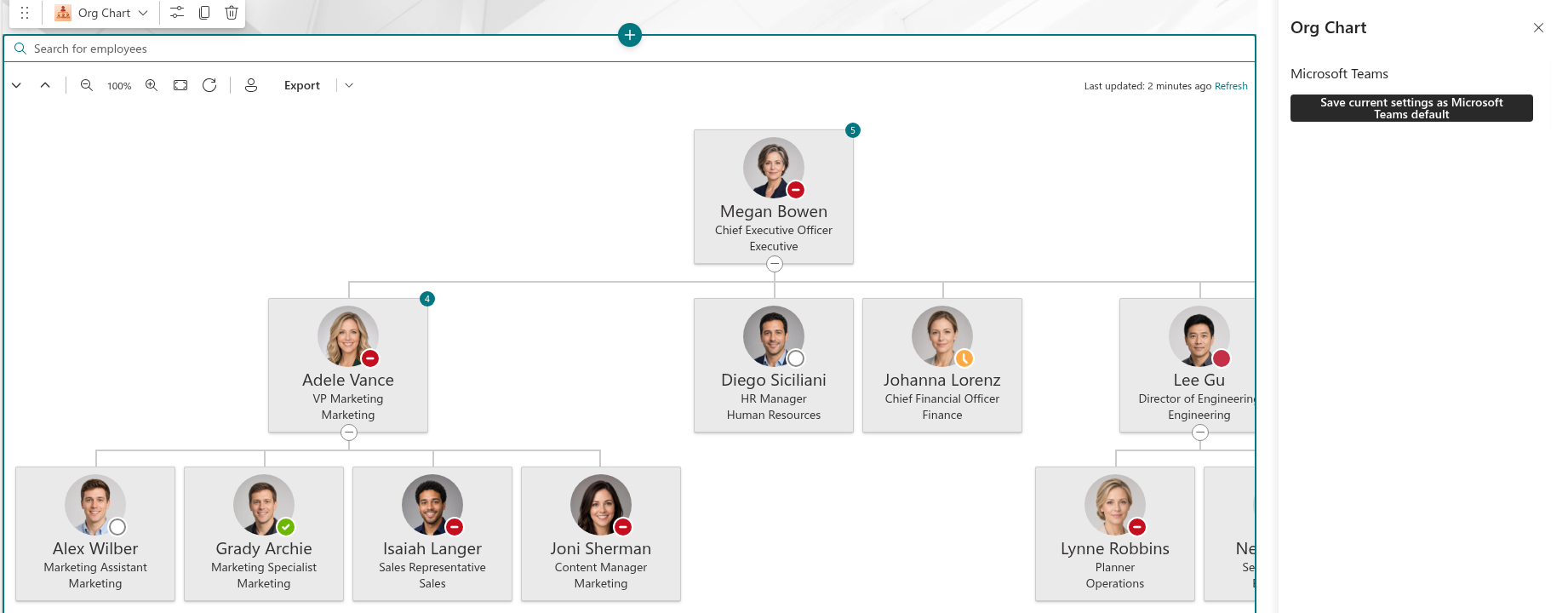 Vitextra Organizational Chart. Microsoft Teams Integration and Theme Variants