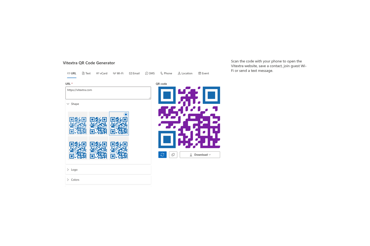Vitextra QR Code Generator. カスタマイズ可能なデザインと色