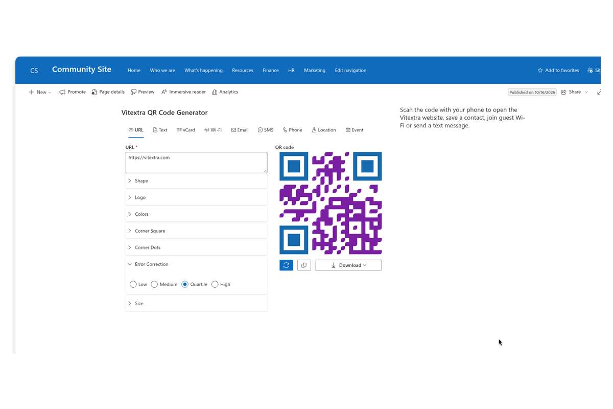 Vitextra QR Code Generator. SharePoint ページと Microsoft Teams 上で