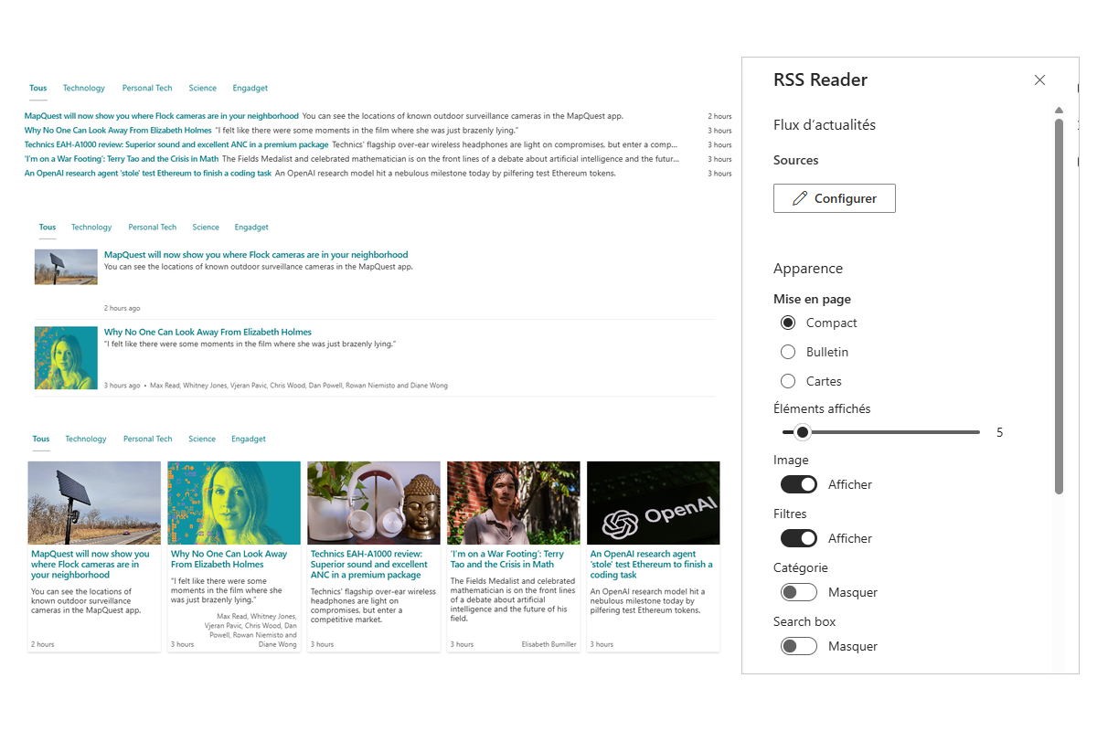 Vitextra RSS Reader. Variantes de mise en page