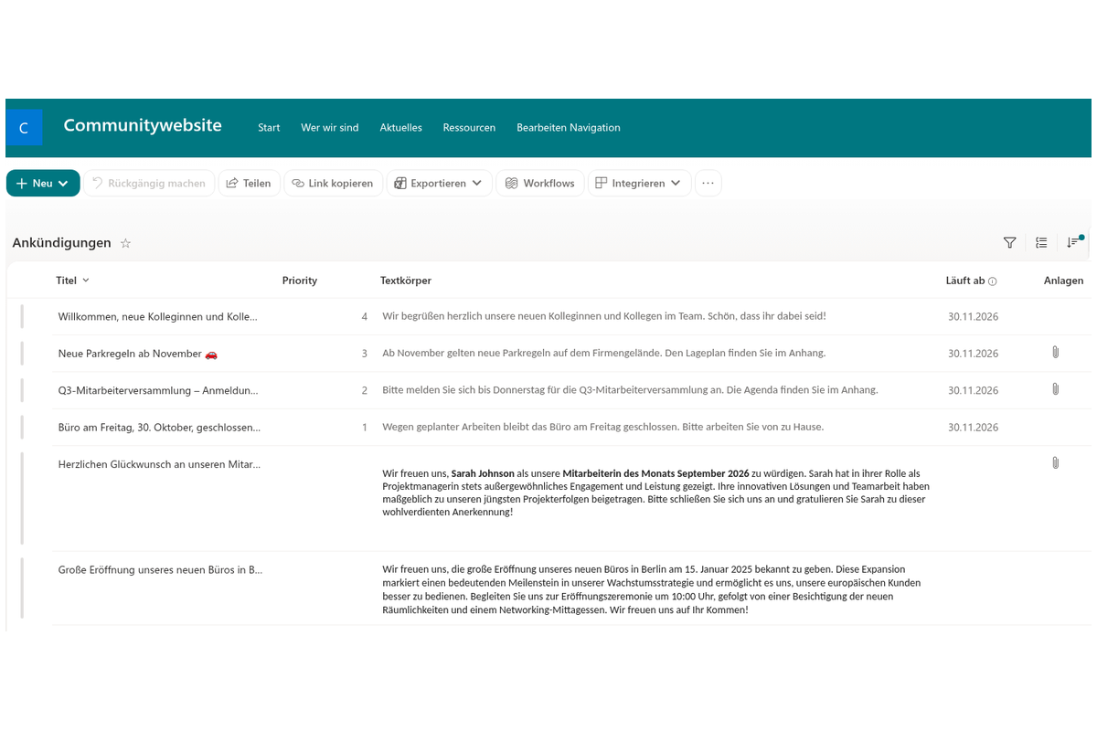 Announcements Carousel - SharePoint-Listenansicht Announcements