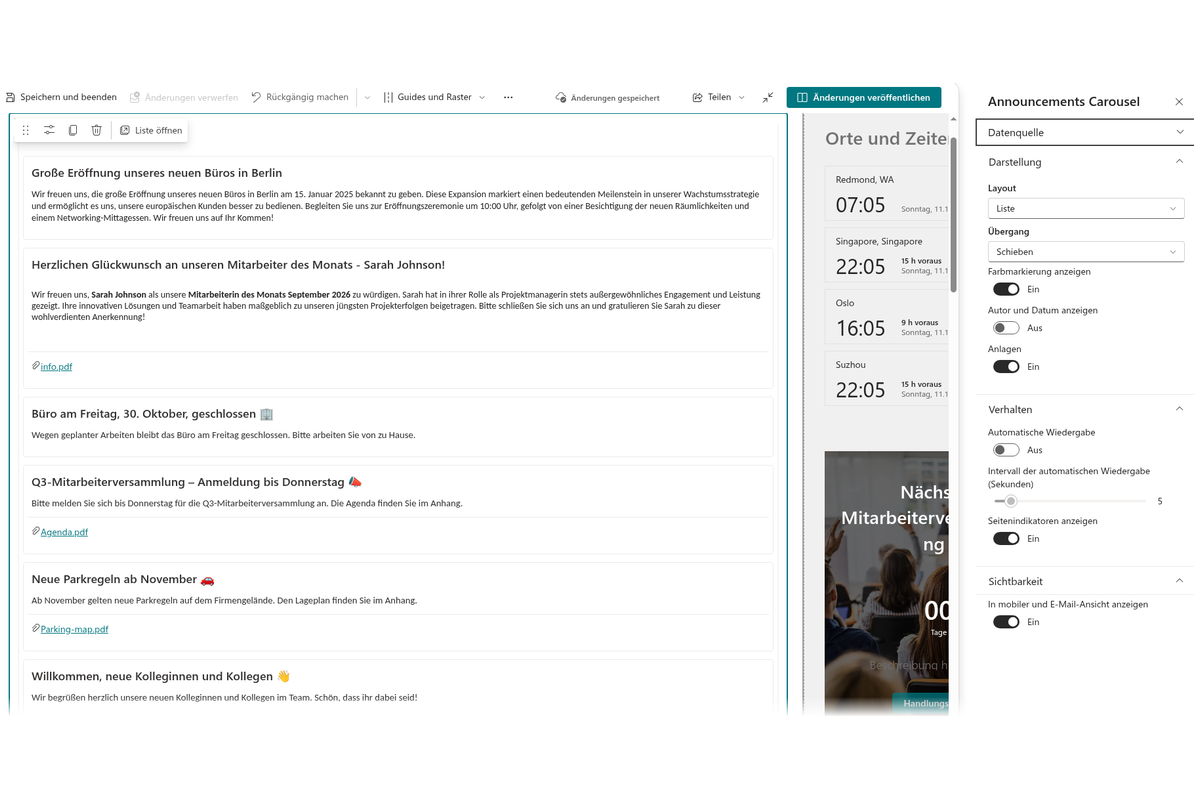 Vitextra Announcements Carousel. Sortierung und Anzeigeeinstellungen