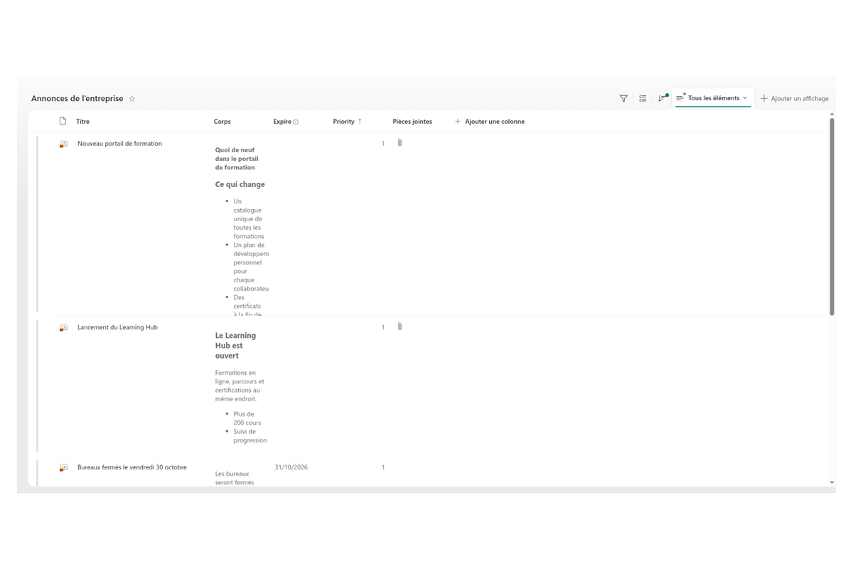 Announcements Carousel - Vue de liste SharePoint Announcements