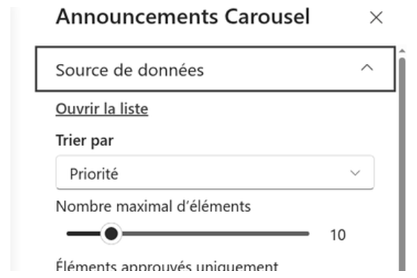 Announcements Carousel - Plan compact de la diapositive ou des paramètres