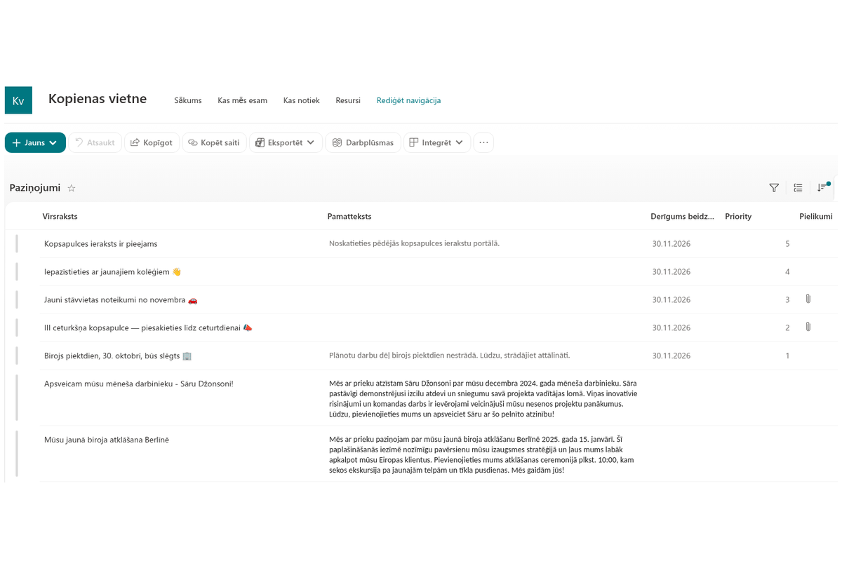Announcements Carousel - SharePoint Announcements saraksta skats